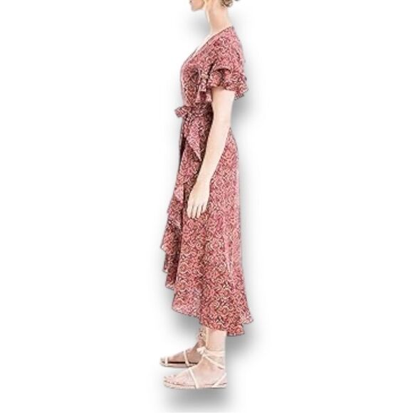 Max Studio Women's Ruffle Crepe High/Low Wrap Midi Dress in the Size X-Large - Picture 3 of 13